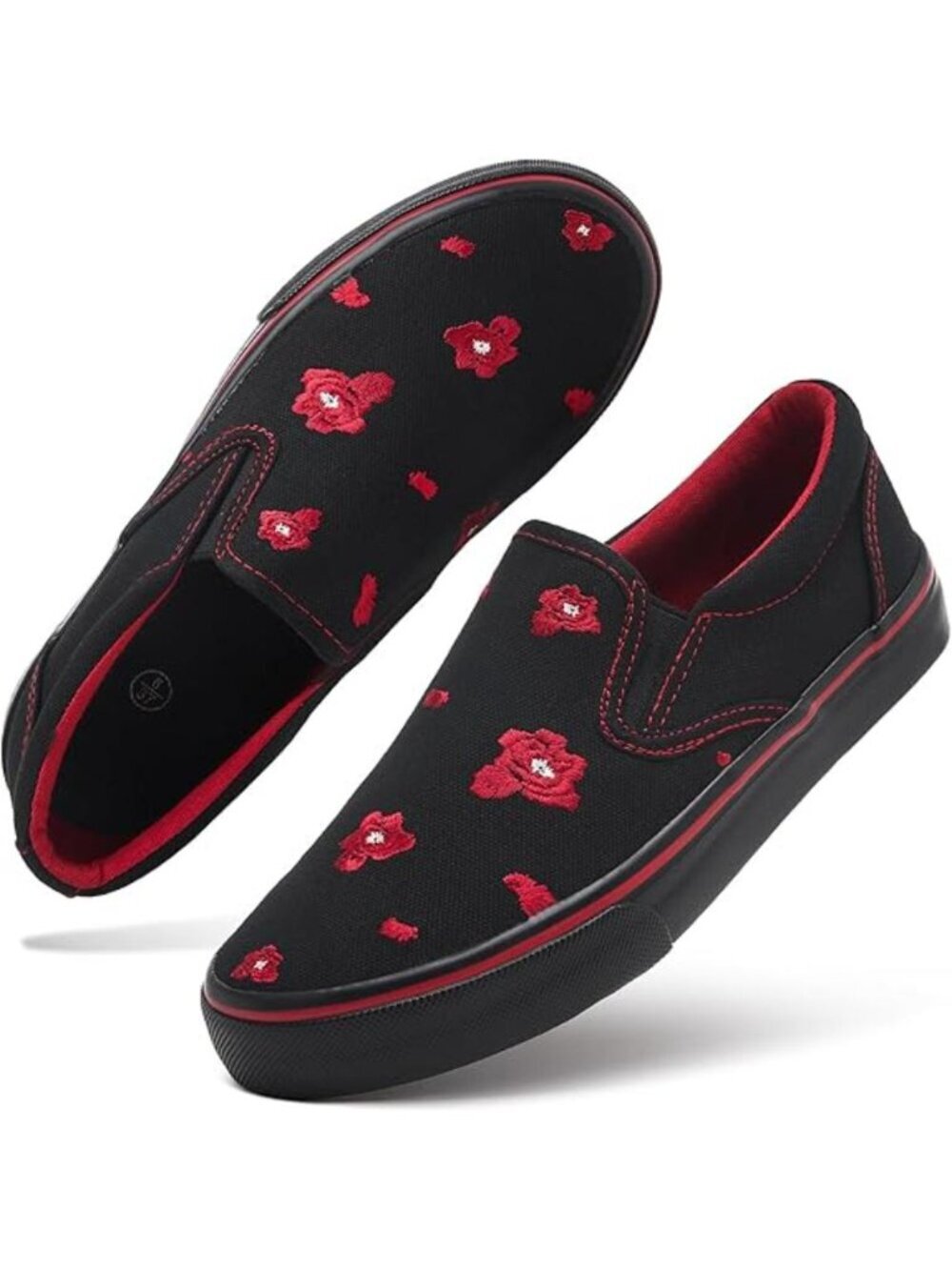 Women's Full Black-red Slip Shoes Canvas Sneakers Loafers Non Slip Shoes Rubber